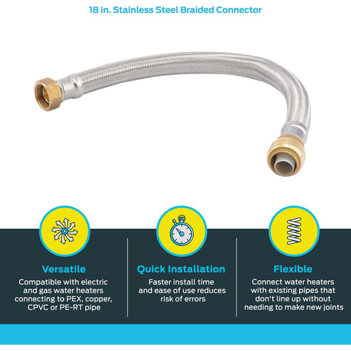 SharkBite U3088FLEX18LF  3/4" Push-to-Connect x 3/4" FIP x 18" Length Stainless Steel Braided Water Heater Connector Hose Image 2