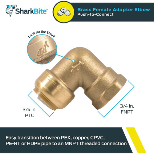 SharkBite U314LFA  3/4" Push-to-Connect x 3/4" FNPT Brass Adapter 90-Degree Elbow Image 1