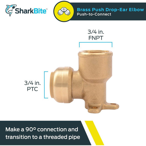 SharkBite U340LFA  3/4" Push-to-Connect x 3/4" FNPT Brass Adapter 90-Degree Drop-Ear Elbow Image 1