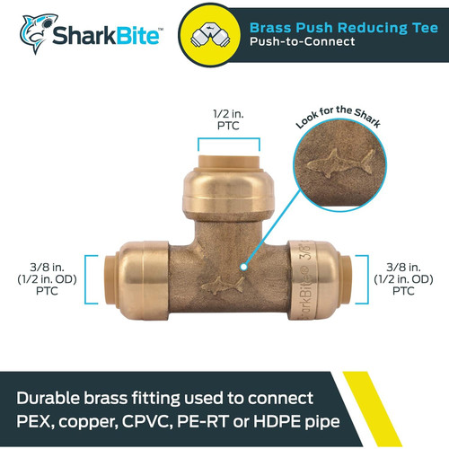 SharkBite U364LFA  3/8" (1/2" OD) x 3/8" (1/2" OD) x 1/2" Push-to-Connect Brass Reduciing Tee Image 1