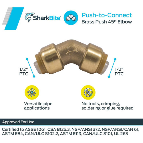 SharkBite U648LFA  1/2" x 1/2" Push-to-Connect Brass 45-Degree Elbow Image 2
