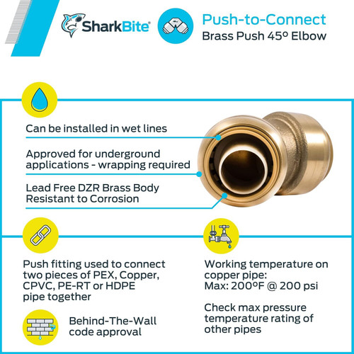SharkBite U656LFA  3/4" x 3/4" Push-to-Connect Brass 45-Degree Elbow Image 5