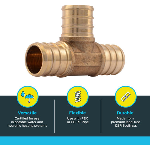 SharkBite UC370LFA  3/4" x 3/4" x 3/4" Barbed Brass Tee for PEX Image 2