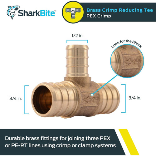 SharkBite UC412LFA  3/4" x 3/4" x 1/2" Barbed Brass Reducing Tee for PEX Image 1