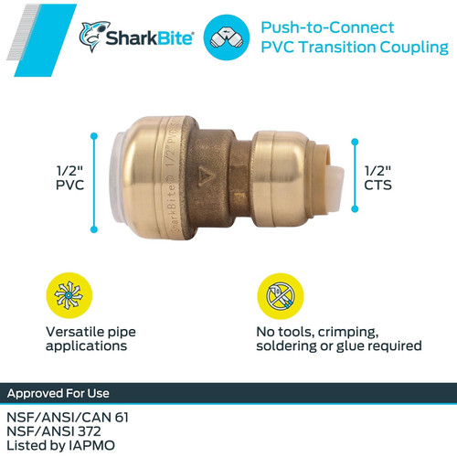 SharkBite UIP4008A  1/2" CTS x 1/2" PVC Push-to-Connect Transition Coupler Image 1