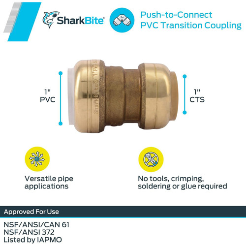 SharkBite UIP4020A  1" CTS x 1" PVC Push-to-Connect Transition Coupler Image 1