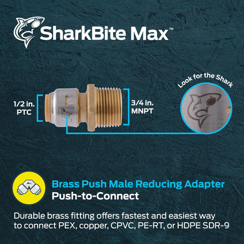 SharkBite Max UR116A  1/2" Push-to-Connect x 3/4" MNPT Brass Male Reducing Adapter for PEX Image 1