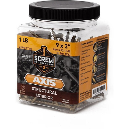 Screw Products 30116-29  AXIS #9 x 3" (T20-Drive) ZYTEC XT General Exterior Structural Wood Screws -  1-lb Jar (approx. 78) Image 1