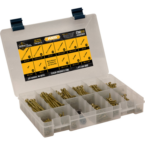 Screw Products 30910-29  AXIS Assortment Kit (T20-Drive) ZYTEC XT General Exterior Structural Wood Screws - 380 Screws #8 to #10 and 3/4" to 4" with Bit Holder and 4 Bits Image 0