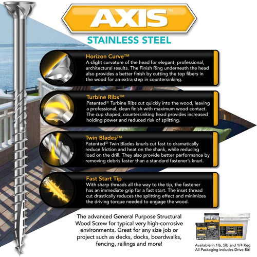 Screw Products 30132  AXIS #8 x 1-1/2" (T20-Drive) 300 Series Stainless Steel Structural Wood Screws - 1-lb Jar (approx. 178) Image 2