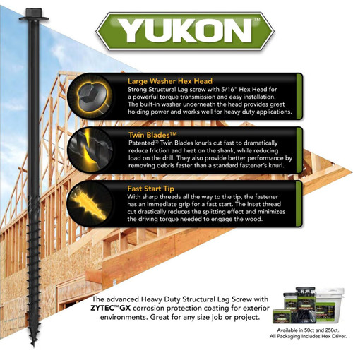 Screw Products 30744  YUKON #18 x 6" Exterior - 5/16 Hex Head Structural Lag Screws - 50 Individually Tagged per Package Image 2