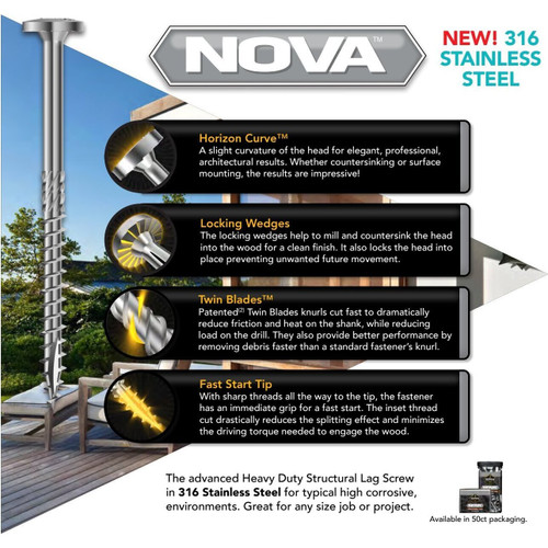 Screw Products 30942  NOVA #16 x 2-1/2" (T30-Drive) 316 Stainless Steel Structural Lag Screws - 50 Individually Tagged per Package Image 2