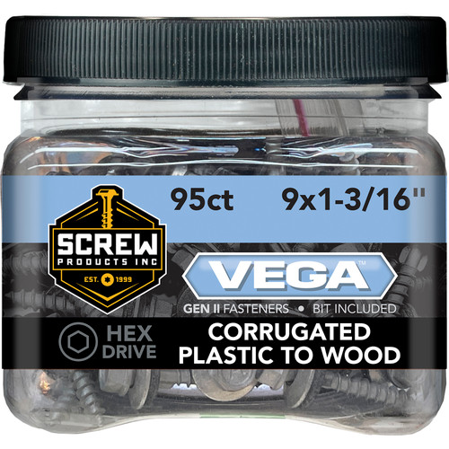 Screw Products 30952-18  VEGA Hex Washer Head #9 x 1-3/16"  Hex Washer Head Corrugated Plastic Roofing Screws - 1-lb per Jar (approx. 95) Image 1
