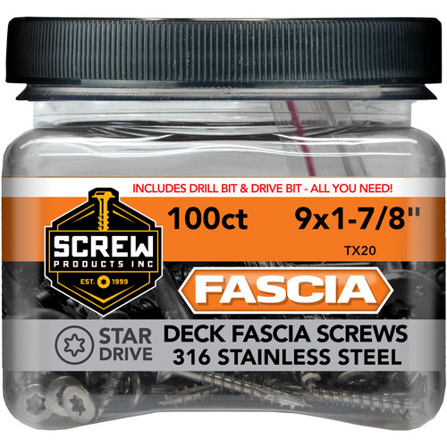 Screw Products 30972  FASCIA #9 x 1-7/8" (T20-Drive) 316 Stainless Steel Composite Deck Facia Screws with Coastal Bluff Colored Heads - 100 per Jar Image 1