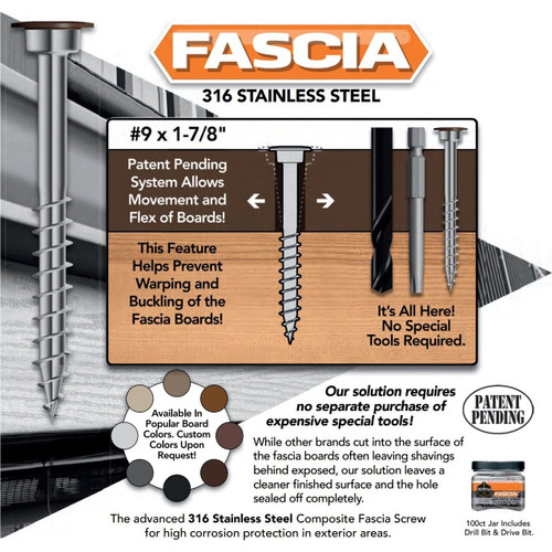 Screw Products 30976  FASCIA #9 x 1-7/8" (T20-Drive) 316 Stainless Steel Composite Deck Facia Screws with Saddle Colored Heads - 100 per Jar Image 2