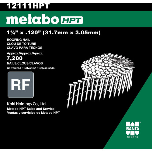 Metabo HPT 12111HPT  1-1/4" x 0.120"  Smooth Shank Full Round Head Electro Galvanized Wire Coil 16° High Wire Roofing Nails - 7200 per Box Image 2