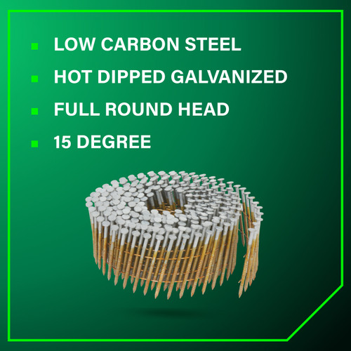 Metabo HPT 13367HPT  2-1/4" x 0.092 Full Round Head Ring Shank Hot Dipped Galvanized 15° Wire Coil Siding Nails - 3600 per Box Image 7