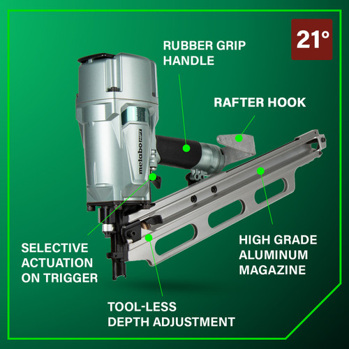 Metabo HPT NR83A5Y  21 Degree 3-1/4" Plastic Collated Framing Nailer with Depth Adjustment and Aluminum Magazine Image 3
