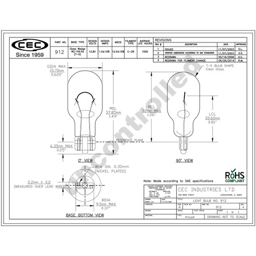 CEC 912  Miniature Bulb - Box of 10 Per Package Image 2