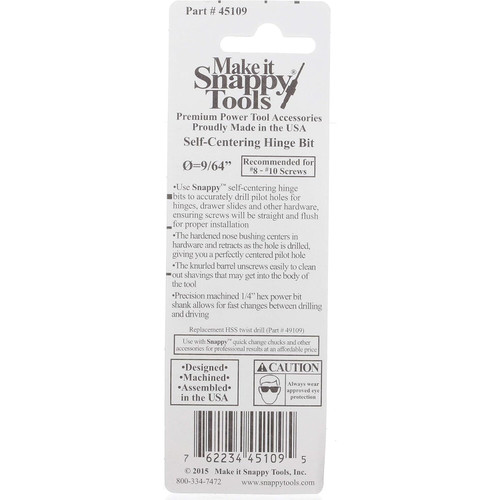 Make It Snappy 45109  Hinge Bit 9/64" Self Centering #8-#10 Image 2