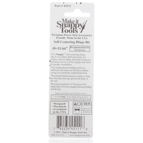 Make It Snappy 45111  Hinge Bit 11/64" Self Centering #12 Image 2