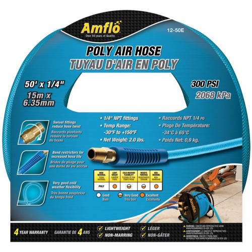 Amflo 12-50E  1/4" x 50' Blue Poly 300 psi Air Hose with 1/4" MNPT Fittings Image 1 Amflo 12-50E  1/4" x 50' Blue Poly 300 psi Air Hose with 1/4" MNPT Fittings Image 1