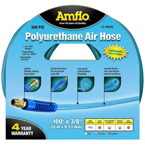 Amflo 13-100AE  3/8" x 100' Blue Poly 300 psi Air Hose with 1/4" MNPT Fittings Image 1