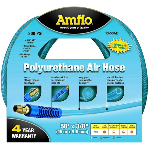Amflo 13-50AE  3/8" x 50' Blue Poly 300 psi Air Hose with 1/4" MNPT Fittings Image 1 Amflo 13-50AE  3/8" x 50' Blue Poly 300 psi Air Hose with 1/4" MNPT Fittings Image 1