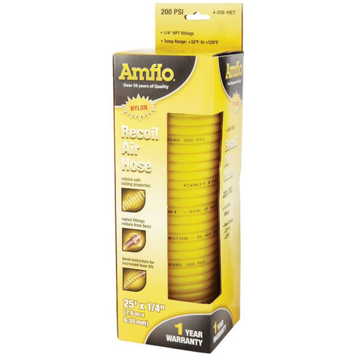 Amflo 4-25E  1/4" x 25' Nylon Recoil Air Hose with 1/4" Swivel Fittings - Yellow Image 4