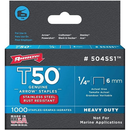 Arrow Fastener 504SS1  T50 1/4" Heavy Duty Stainless Steel Staples 1000 per Package Image 3