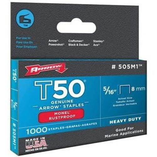 Arrow Fastener 505M1  T50 5/16" Heavy Duty Monel Staples 1000 per Package Image 1