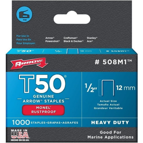 Arrow Fastener 508M1  T50 1/2" Heavy Duty Monel Staples 1000 per Package Image 1