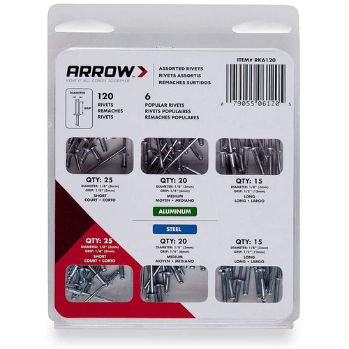 Arrow Fastener RK6120  120 Piece Rivet Assortment (Aluminum and Steel) Image 0