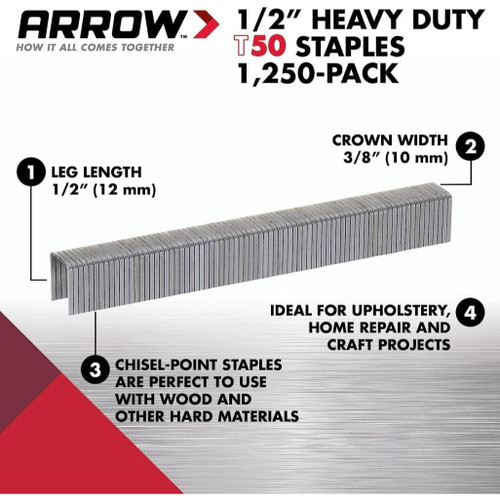Arrow Fastener 508  T50 1/2" Heavy Duty Steel Staples 1250 per Package Image 2