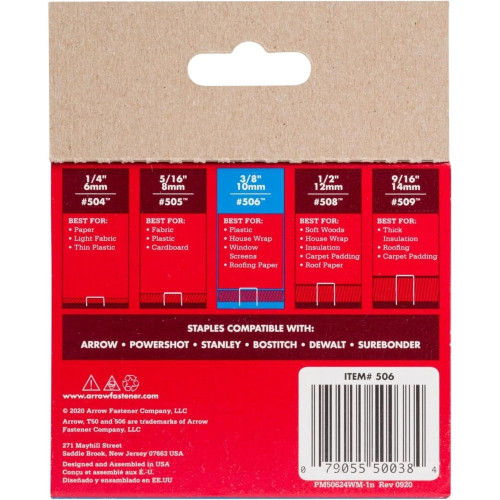 Arrow Fastener 506  T50 3/8" Heavy Duty Steel Staples 1250 per Package Image 1