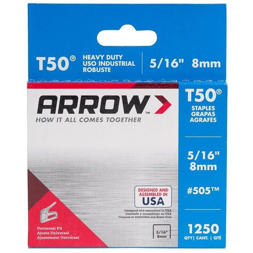 Arrow Fastener 505  T50 5/16" Heavy Duty Steel Staples 1250 per Package Image 0 Arrow Fastener 505  T50 5/16" Heavy Duty Steel Staples 1250 per Package Image 0