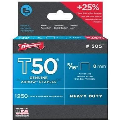 Arrow Fastener 505  T50 5/16" Heavy Duty Steel Staples 1250 per Package Image 4