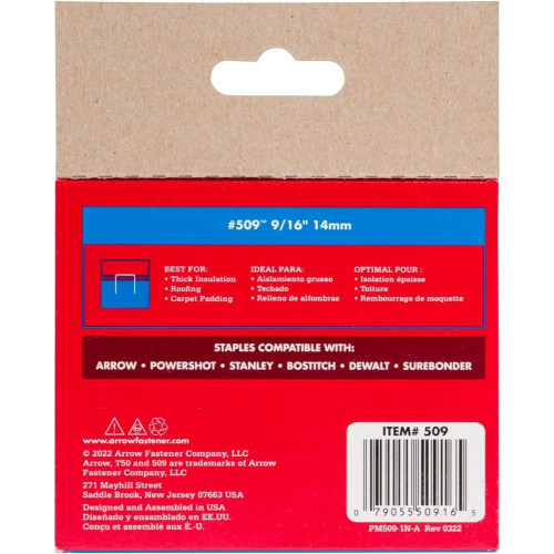 Arrow Fastener 509  T50 9/16" Heavy Duty Steel Staples 1250 per Package Image 1