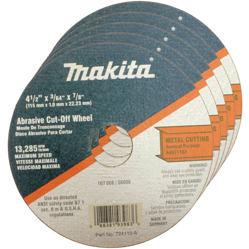 Makita 724115-A-25  4-1/2" with 7/8" Arbor Super Thin Cut-Off Wheels for Metal - 25 per Package Image 0