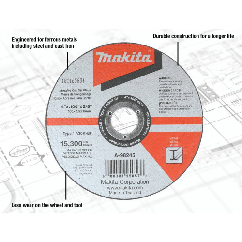 Makita A-98815-25  Cut-Off Wheel, Metal,  4" x .100" x 5/8" 25 Per Package Image 1