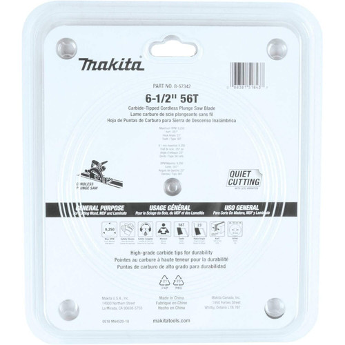 Makita B-57342  6-1/2" 56T Carbide-Tipped Max Efficiency Cordless Plunge Saw Blade Image 2