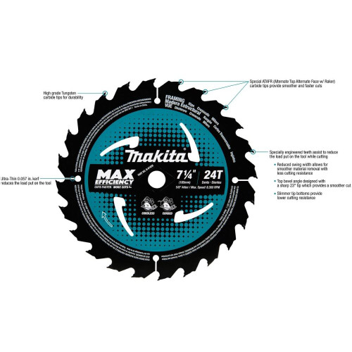 Makita B-61656  7-1/4" 24T Carbide-Tipped Max Efficiency Circular Saw Blade, Framing Image 1