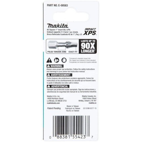 Makita E-00583  Impact XPS #2 Square 1" Insert Bit, 5 per package Image 3