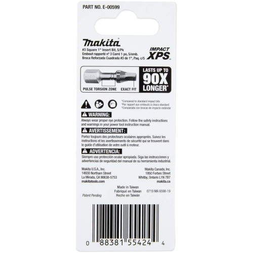 Makita E-00599  Impact XPS #3 Square 1" Insert Bit, 5 per package Image 3