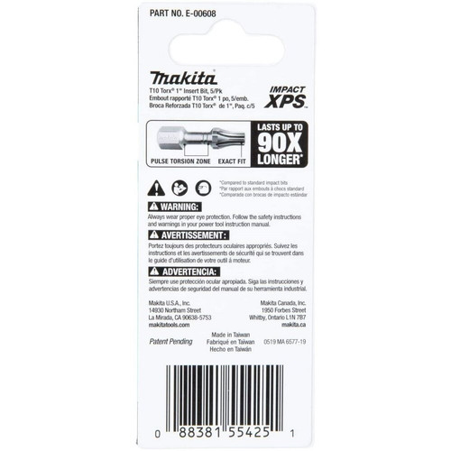 Makita E-00608  Impact XPS T10 Torx 1" Insert Bit, 5 per package Image 3