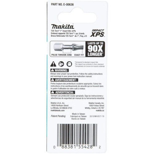 Makita E-00636  Impact XPS T25 Torx 1" Insert Bit, 5 per package Image 3