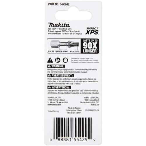 Makita E-00642  Impact XPS T27 Torx 1" Insert Bit, 5 per package Image 3