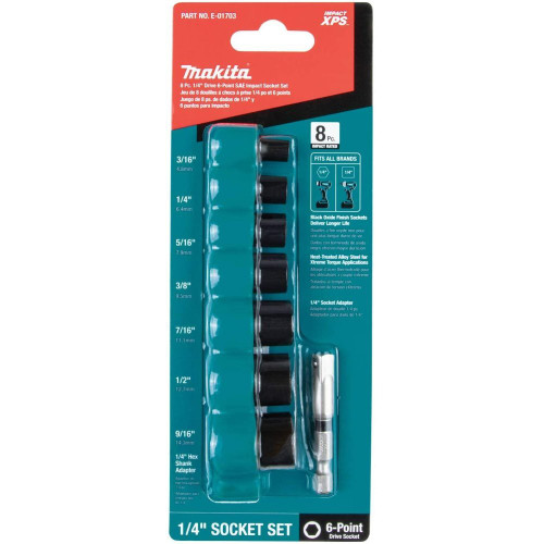 Makita E-01703  Impact XPS 8 Piece 1/4" Drive 6-Point SAE Impact Socket Set with Standard Socket Adapter Image 1