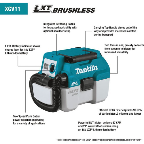 Makita XCV11Z  18V LXT Lithium-Ion Brushless Cordless 2 Gallon HEPA Filter Portable Wet/Dry Dust Extractor/Vacuum (Tool Only) Image 3