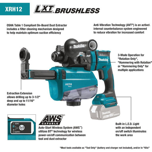 Makita XRH12ZW  18V LXT Lithium-Ion Brushless Cordless 11/16" AVT Rotary Hammer (Tool Only) Image 3 Makita XRH12ZW  18V LXT Lithium-Ion Brushless Cordless 11/16" AVT Rotary Hammer (Tool Only) Image 3